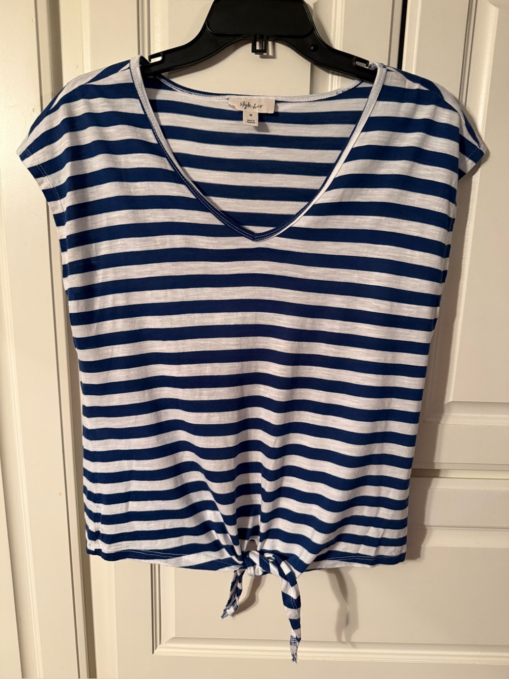 Striped Tie-Hem V-Neck Top - Navy Blue & White with Thai Front size medium
